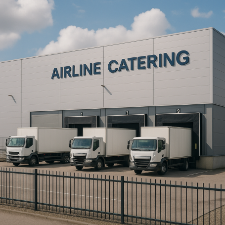 Drie witte vrachtwagens voor een gebouw met de tekst "AIRLINE CATERING".