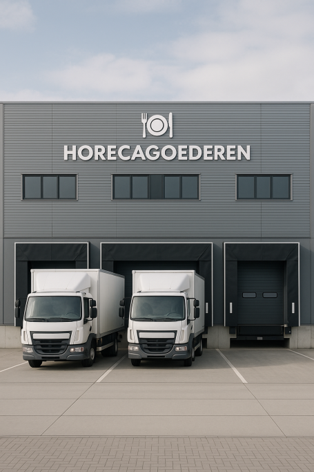 Twee witte vrachtwagens voor een magazijn met "HORECAGOOEDEREN" op de gevel.