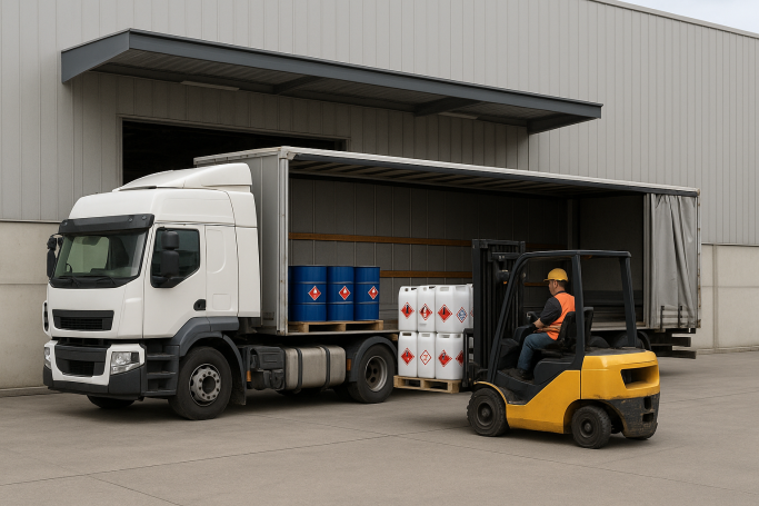 Vrachtwagen gelost met vaten, een heftruck terwijl deze pallets verplaatst.