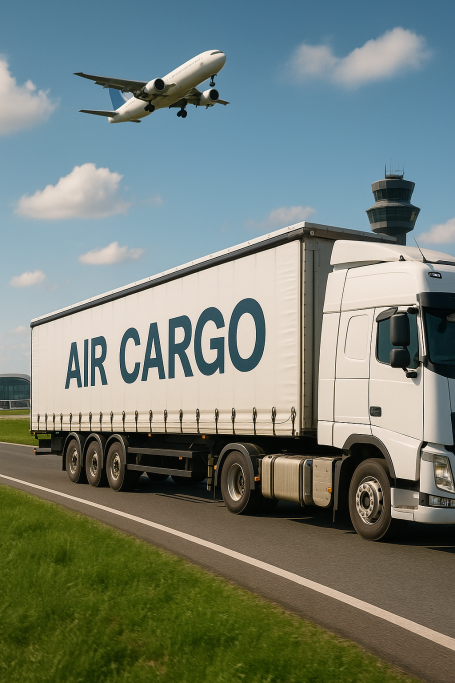Vrachtwagen met 'AIR CARGO' tekst, luchthavencenario met vliegtuig in de lucht.